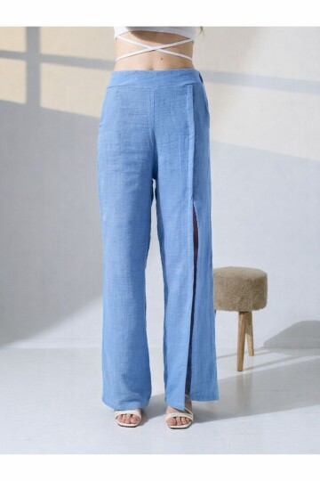 Yırtmaçlı Müslin Pantolon Mavi