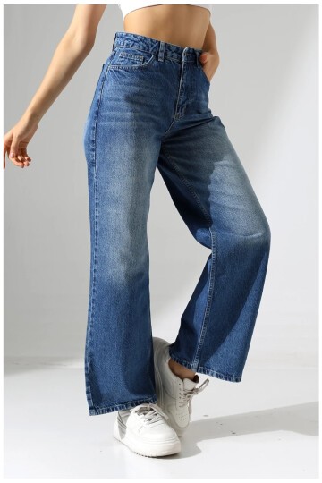Yüksek Bel Bol Paça Denim Jean