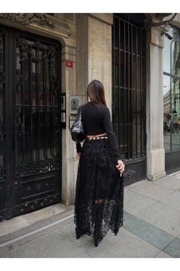 Yüksek Bel Dantel Detaylı Maxi Boy Etek