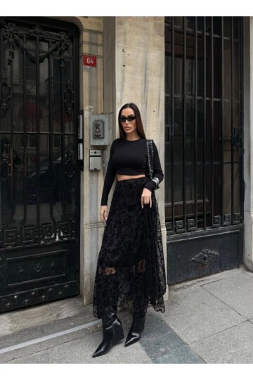 Yüksek Bel Dantel Detaylı Maxi Boy Etek