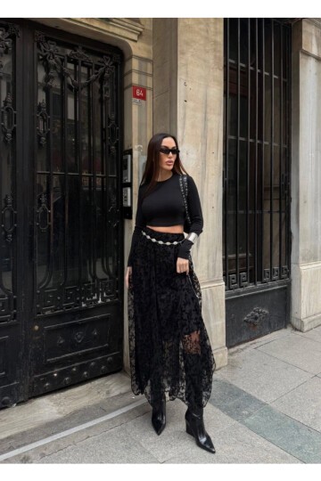 Yüksek Bel Dantel Detaylı Maxi Boy Etek