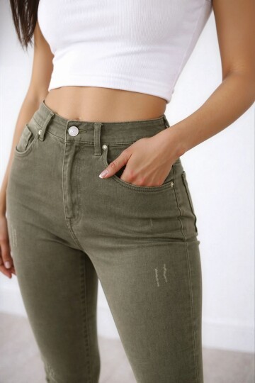 Yüksek Bel Dar Kalıp Haki Jean