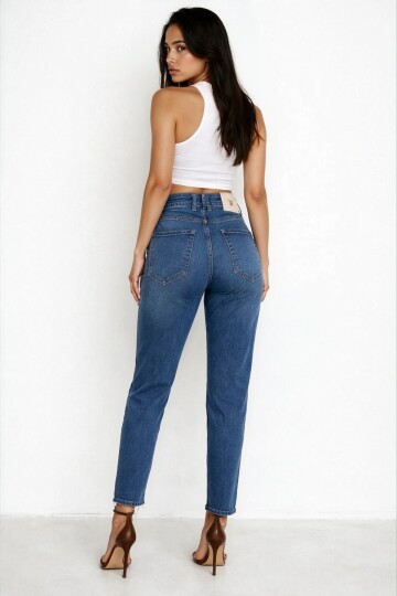 Yüksek Bel Dar Paça Bilek Boy Lacivert Jean