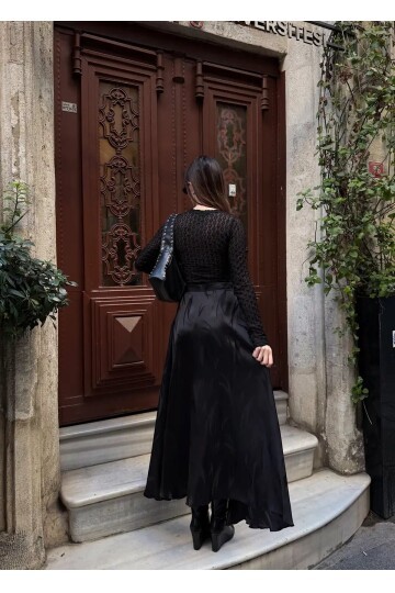 Yüksek Bel Desenli Saten Etek