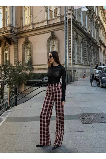 Yüksek Bel İspanyol Paça Ekose Pantolon