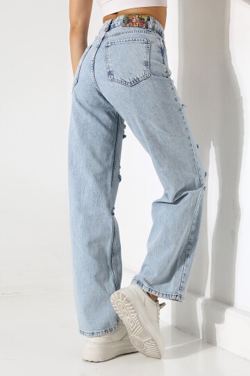 Yüksek Bel Yırtık Detaylı Mom Jean