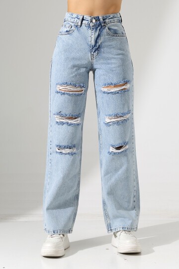 Yüksek Bel Yırtık Detaylı Mom Jean