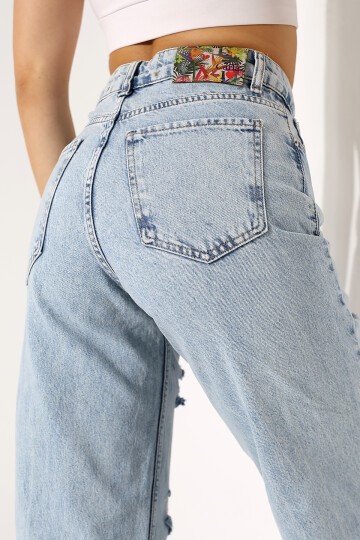 Yüksek Bel Yırtık Detaylı Mom Jean