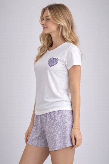 Kalp Desenli Lila Şortlu Kadın Pijama Takımı