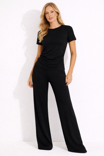 Siyah Modal Kumaş Kısa Kollu Pile Detaylı Eşofman Takımı