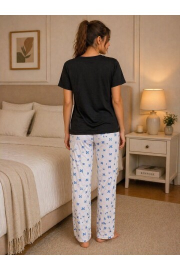 Beautiful Baskılı Kadın Pijama Takımı – Siyah T-Shirt & Kelebek Desenli Uzun Alt
