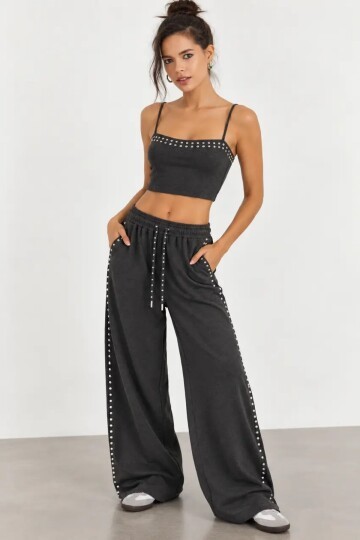 Antrasit Zımba İşlemeli Oversize Crop Hırka & İnce Askılı Atlet İkili Takım