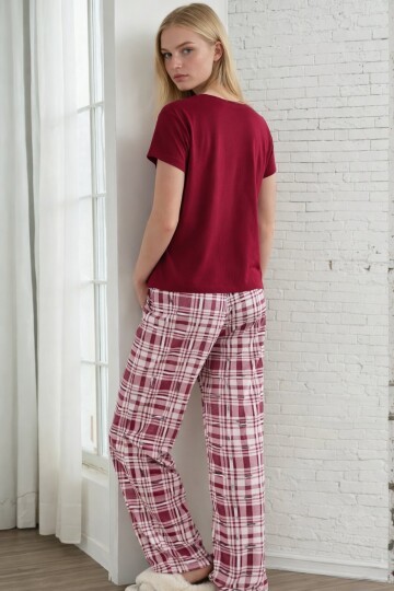 Ayıcık Baskılı Ekose Alt Kadın Pijama Takımı – Bordo Rahat Seri