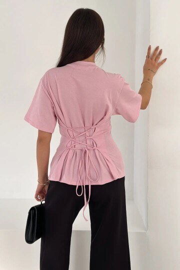 Bağlama Detaylı Kısa Kollu Tişört Pembe