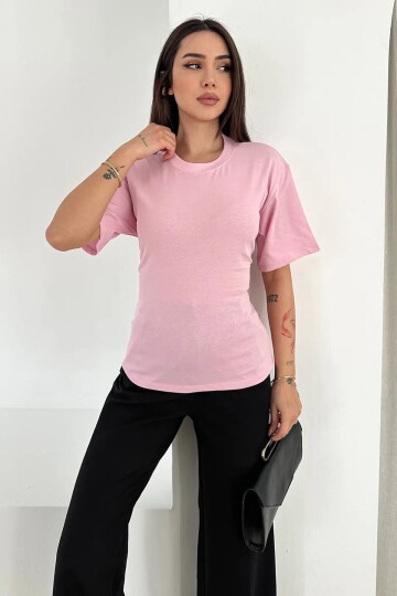 Bağlama Detaylı Kısa Kollu Tişört Pembe