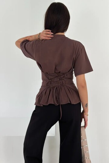 Bağlama Detaylı Kısa Kollu Tişört Kahverengi