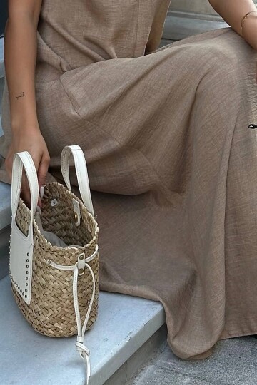 Bej Askılı Salaş Maxi Elbise