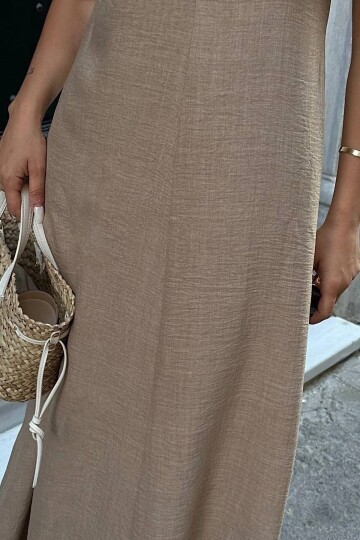 Bej Askılı Salaş Maxi Elbise