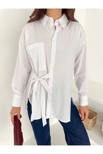 Beyaz Bağlama Detaylı Oversize Gömlek – Modern Kesim Şık Kadın Gömlek