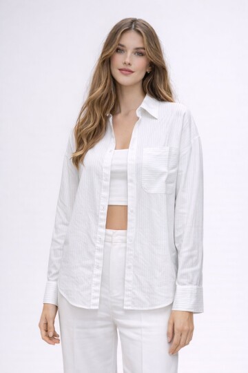 Beyaz Çizgili Jakar Kumaş Oversize Gömlek