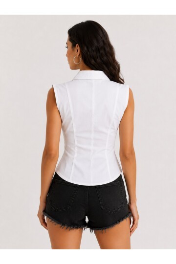 Beyaz Fermuarlı Slim Fit Kadın Gömlek