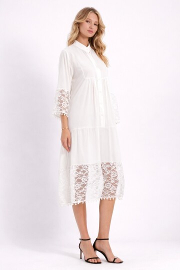 Beyaz Hakim Yaka Düğmeli Tül Detaylı Viskon Elbise
