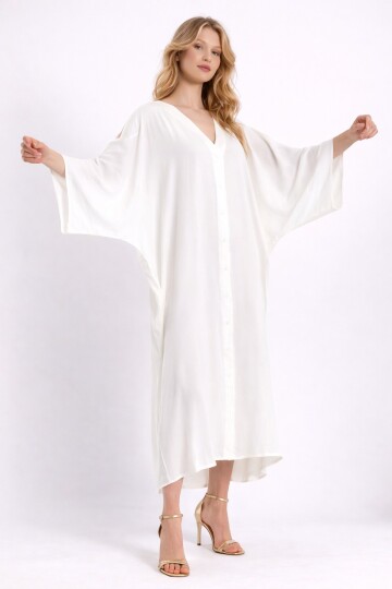 Beyaz Sırt Etnik Nakışlı Maxi Boy Gömlek Elbise