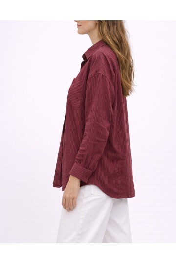 Bordo Çizgili Jakar Kumaş Oversize Gömlek