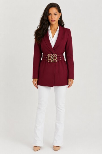 Bordo Kemer Detaylı Kadın Blazer Ceket