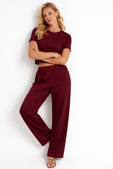 Bordo Modal Kumaş Crop Tişört & Yüksek Bel Bol Paça Takım