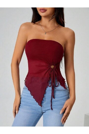 Bordo Straplez Tül Detaylı Büzgülü Crop Bluz