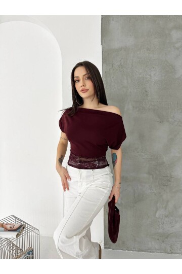 Bordo Tek Omuz Drapeli Dantel Detaylı Kadın Bluz