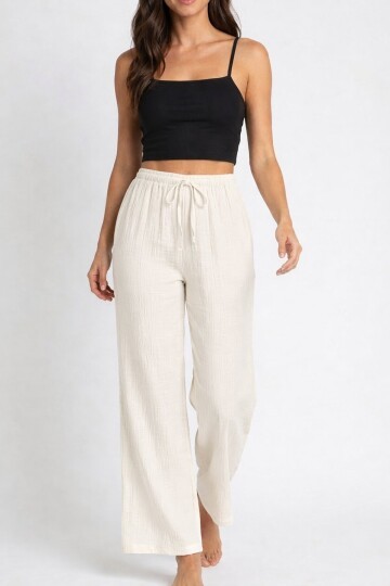 Bürümcük Kumaş Lastikli Bel Salaş Pantolon – Ekru Rahat Kesim Günlük Şıklık