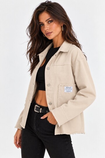 Cep ve Arma Detaylı Oversize Denim Ceket – Ekru