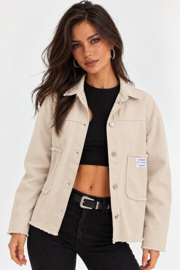 Cep ve Arma Detaylı Oversize Denim Ceket – Ekru