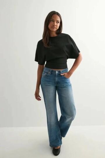 Dalgıç Kumaş Bele Oturan Bisiklet Yaka Geniş Kısa Kollu Bluz