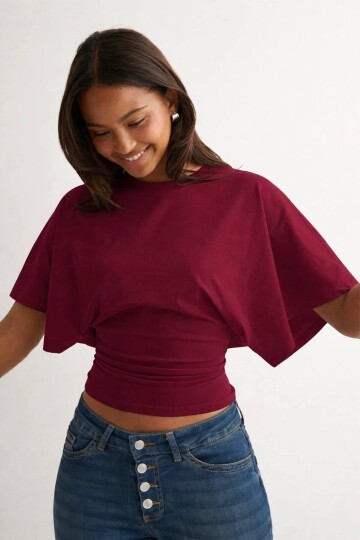 Dalgıç Kumaş Bele Oturan Bisiklet Yaka Geniş Kısa Kollu Bluz