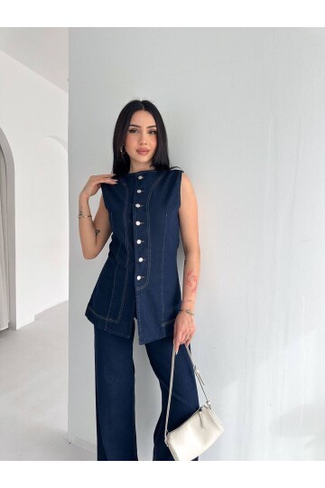 Düğme Detaylı Denim Yelek & Pantolon Takım – Lacivert