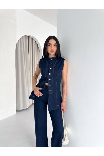 Düğme Detaylı Denim Yelek & Pantolon Takım – Lacivert