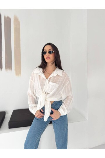 Ekru Çizgili Transparan Dokulu Oversize Kadın Gömlek