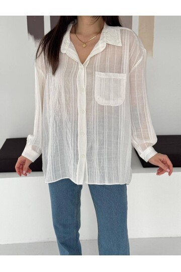 Ekru Çizgili Transparan Dokulu Oversize Kadın Gömlek