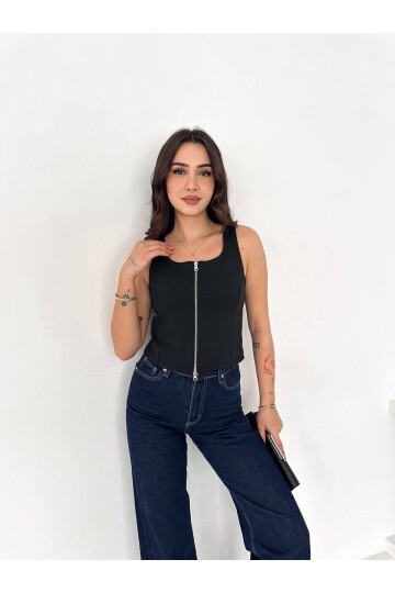 Fermuarlı Sıfır Kol Bluz Siyah