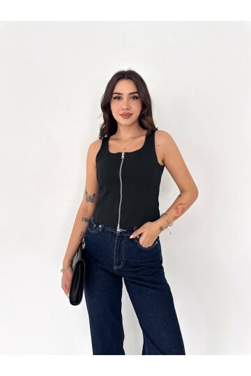 Fermuarlı Sıfır Kol Bluz Siyah