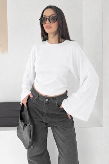 Geniş Kol Crop Bluz Beyaz