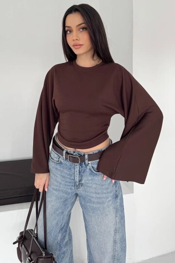 Geniş Kol Crop Bluz Kahverengi