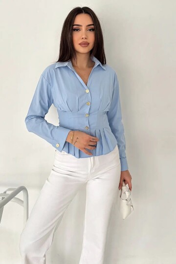 Gold Düğme Pile Detaylı Gömlek Mavi