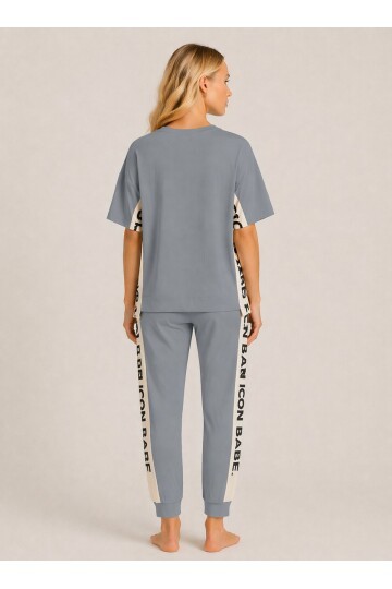 ICONE BABE Şerit Detaylı Oversize T-Shirt & Jogger Takım – Gri