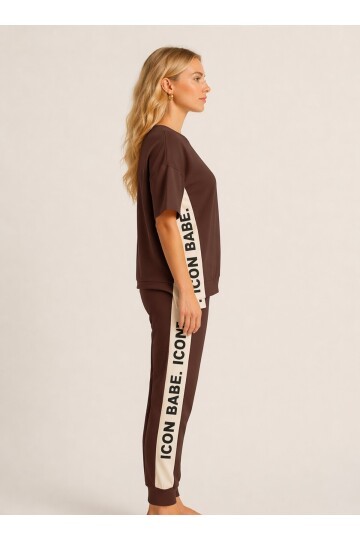 ICONE BABE Şerit Detaylı Oversize T-Shirt & Jogger Takım – Kahverengi