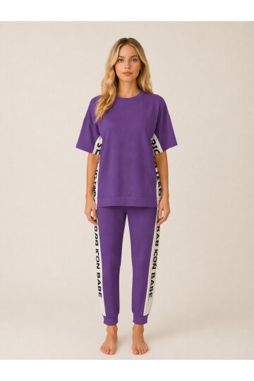 ICONE BABE Şerit Detaylı Oversize T-Shirt & Jogger Takım – Mor