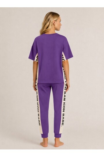 ICONE BABE Şerit Detaylı Oversize T-Shirt & Jogger Takım – Mor